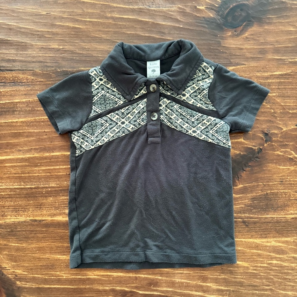 GUC kate quinn black polo with patterned yoke Bamboo 18-24